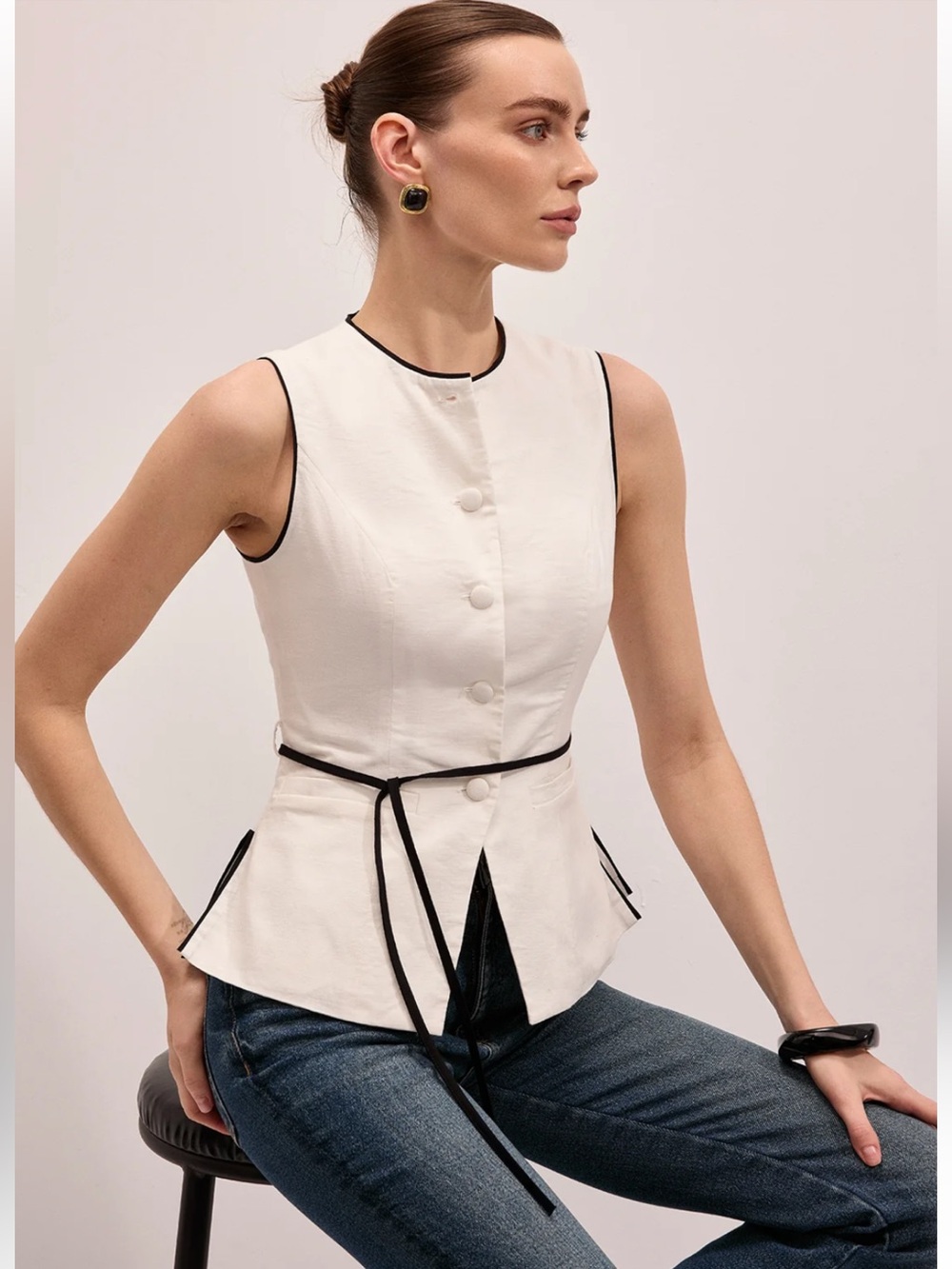 Sleeveless White Maxi Skirt with Black Piping - Picture 7 of 7